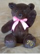 Penelope | Handmade teddy bear with feminine ribbon and chocolate colored fur. Custom text on foot